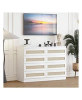 8 Drawer Double Dresser For Bedroom, Rattan Chest Of Dressers, Modern Wooden Dresser Chest