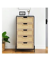 Modern Rattan 5 Drawers Dresser, Double Dresser For Bedroom, Chest Of Drawers Closet Organizers And Storage Clothes For Bedroom Living Room Hallway Of