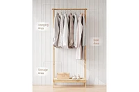 gaomon Bamboo Freestanding Clothes Rack with Storage Shelf and Hanging Rod, Portable and Space-Saving Garment Organizer for Entryway, Bedroom, Living