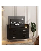 Dresser For Bedroom With Led Light & Charging Station, 6 Wooden Drawers Dressers With 2-Tier Open Shelves, Modern Chest Of Double Wide Drawers For Liv