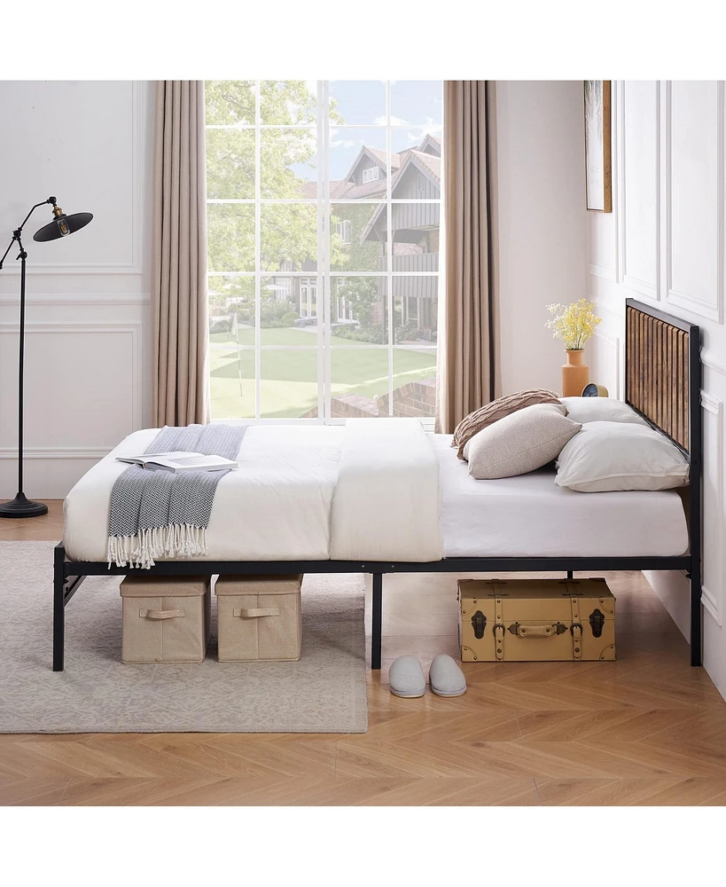 gaomon Full Size Bed Frame with Wood Headboard, Platform Metal Bed Frame Full with 14 Heavy Duty Steel Slats