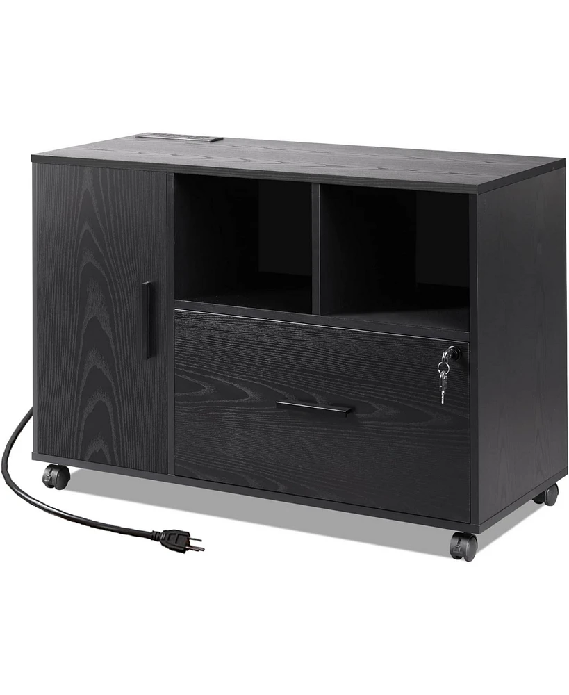 File Cabinet with Charging Station, 1 Drawer Rolling File Cabinet, Locking Filing Cabinet for Home Office