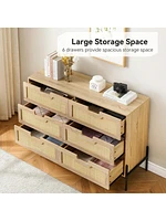 6 Drawers Dresser For Bedroom, Natural Rattan Drawer With Spacious Storage, Wood Chest Of Drawers With Metal Legs For Bedroom, Living Room, Hallway