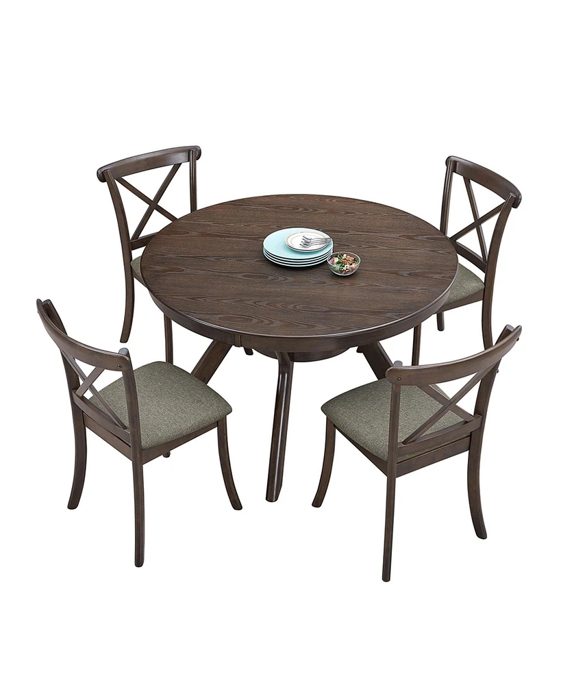 Wooden Dining Table Set, Mid Century Modern Round Rubber Wood Kitchen Table and Cross Back Upholstered Dining Chairs for Dining Room, Kitchen
