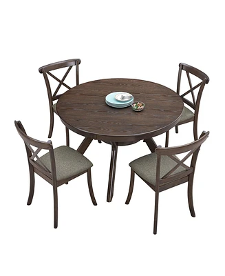 Wooden Dining Table Set, Mid Century Modern Round Rubber Wood Kitchen Table and Cross Back Upholstered Dining Chairs for Dining Room, Kitchen