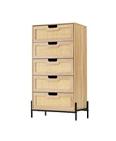 Modern Rattan 5 Drawers Dresser, Double Dresser For Bedroom