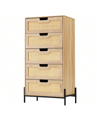 Modern Rattan 5 Drawers Dresser, Double Dresser For Bedroom