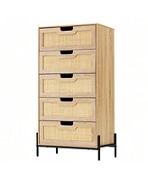 Modern Rattan 5 Drawers Dresser, Double Dresser For Bedroom