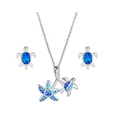Bling Jewelry Nautical Beach Opal Sea Turtle Earrings and Starfish Necklace Jewelry Set Silver