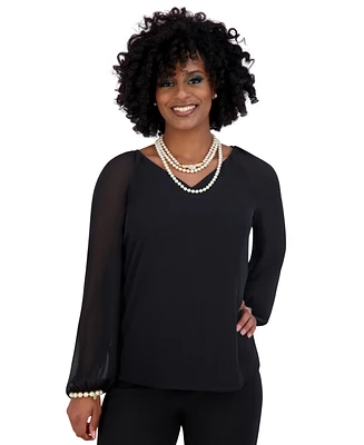 Kasper Women's V-Neck Raglan-Long-Sleeve Blouse Regular & Plus