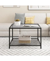 Gouun Modern 2-Tier Square Glass Table with Mesh Shelf