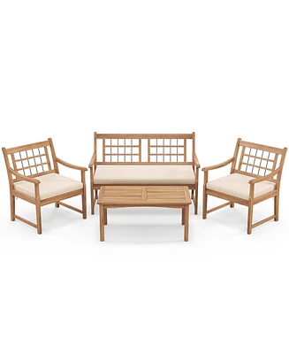 4 Piece Wood Patio Furniture with Armchairs Loveseat and Table-Off