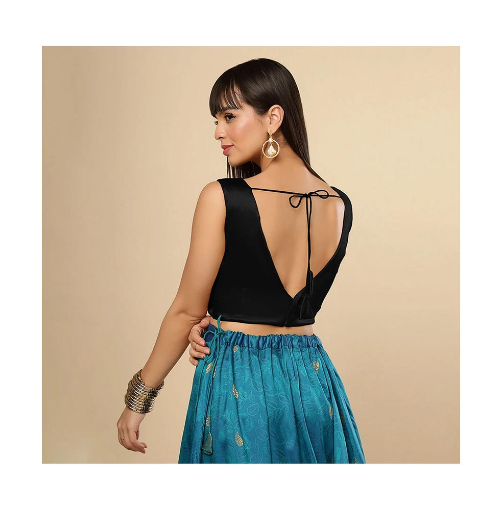 One Minute Saree Women's Amiya Black Satin Comfort Stretch V Neck Sleeveless Blouse