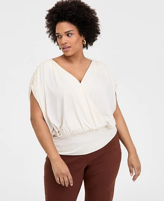 INC Plus Printed Ruched Surplice-Neck Top, Exclusively at Macy's