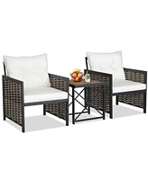 3 Pieces Patio Rattan Furniture Set with Acacia Wood Tabletop