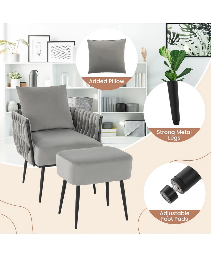 Gouun Modern Dutch Velvet Accent Chair and Ottoman Set with Weaved Back Arms