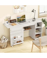 Folding Sewing Table with Storage Shelves 2 Storage Bins & 18 Pegs Lockable Casters