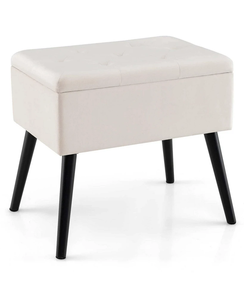 Velvet Vanity Stool Ottoman with Storage Solid Wood Legs Flip-Up Top for Entryway