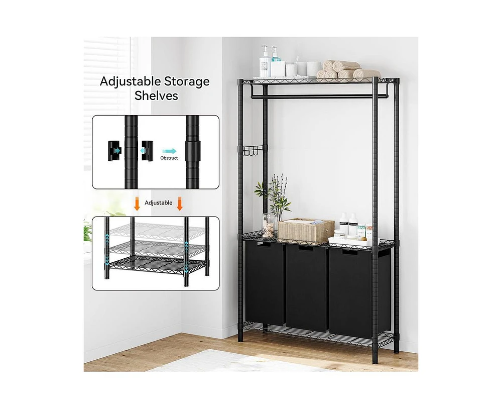 gaomon Laundry Sorter 3 Section Laundry Hamper Sorter with Garment Rack Hanging Rod and Adjustable Storage Shelf 3 X 13gal Laundry Basket Organizer fo