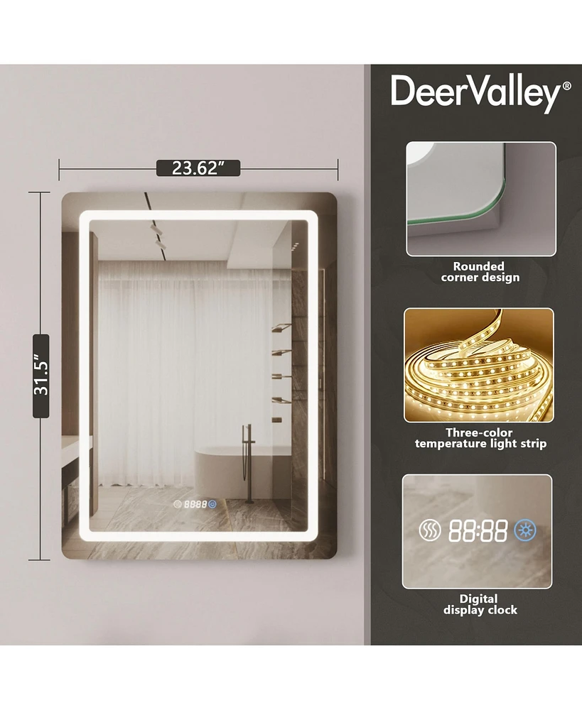 DeerValley 24'' W x 32'' H Anti-Fog Led Bathroom Mirror With Smart Dimmable And Time Mode Control Wall Mounted Vanity Mirror