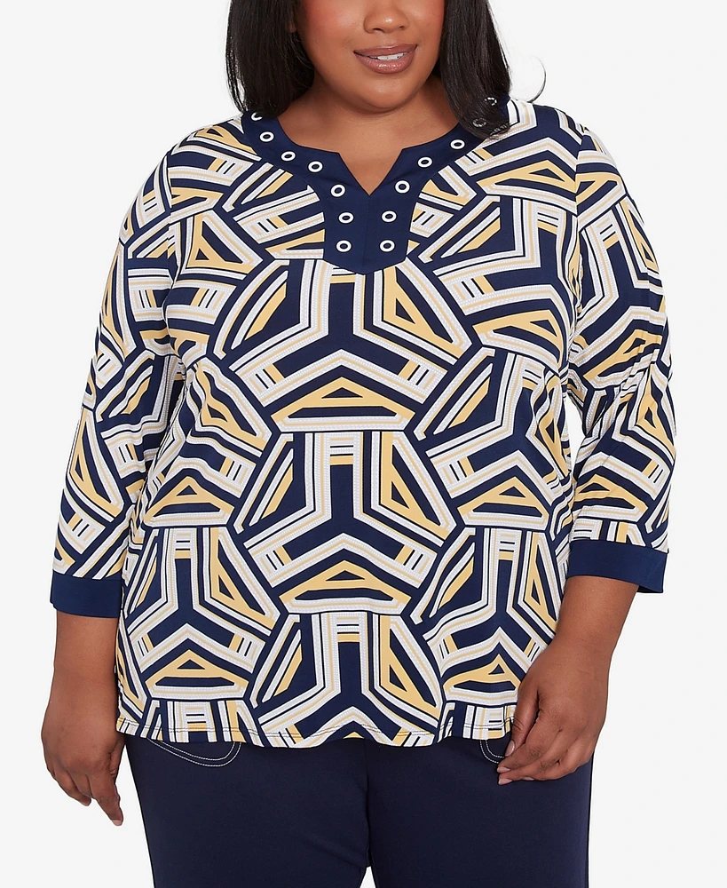 Alfred Dunner Plus Size Block Island Geometric Grommet Trim Top