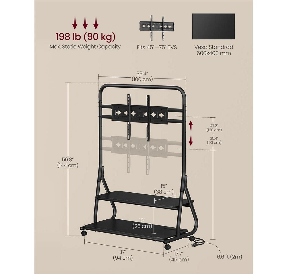 Slickblue Rolling Tv Stand with Wheels and Power Outlets Fits Flat Curved TVs up to 75 Inches and 88 lbs