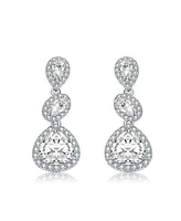Sterling Silver White Gold Plated with Clear Pear, Oval & Round Cubic Zirconia Halo Three Tier Drop Earrings