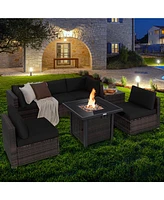 7PCS Patio Rattan Furniture Set Fire Pit Table Cover Glass Top Cushion
