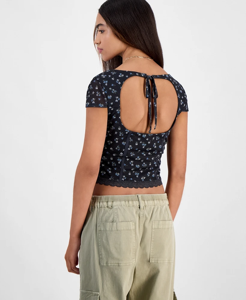Hippie Rose Juniors' Corset Short-Sleeve Mesh Top