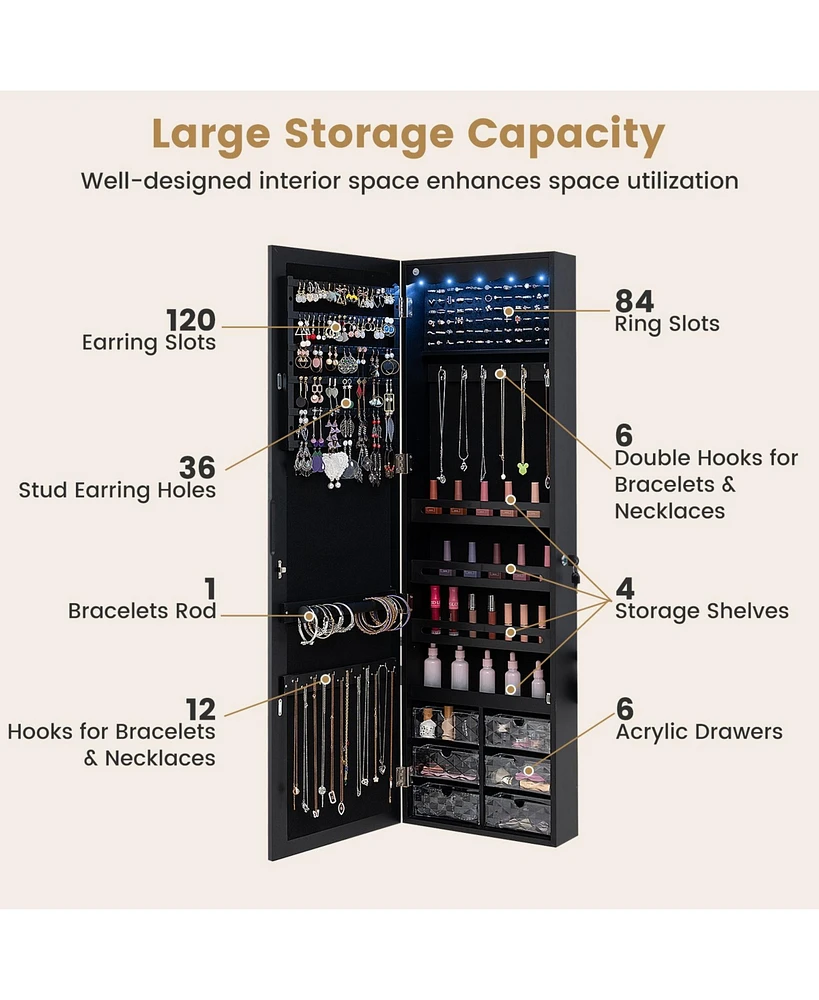 Gouun Door Hanging Mirror Jewelry Armoire with Full Length Mirror and 6 Drawers