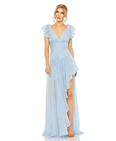 Women's Asymmetrical Ruched Gown With Flutter Sleeves