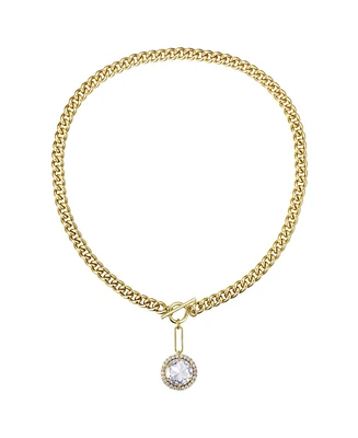 14k Gold Plated with Clear Cubic Zirconia Halo Drop Curb Chain Necklace
