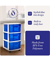 Homz Plastic 3 Drawer Medium Storage Container Tower, Blue Drawers/White Frame