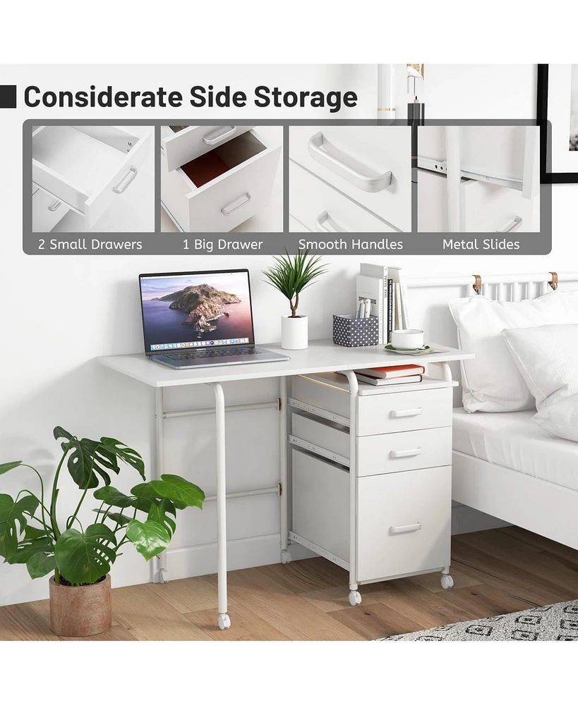 Gouun Folding Computer Desk with Wheels and 3 Drawers for Home Office and Study