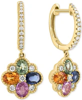 Effy Multi-Sapphire (1-7/8 ct. t.w.) & Diamond Flower Dangle Hoop Earrings in 14k Gold