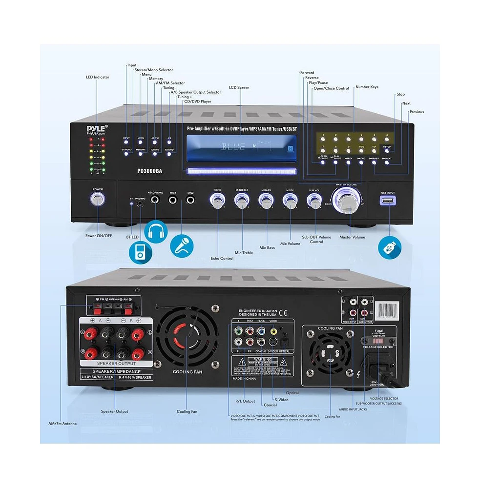 Pyle Bluetooth Home Theater Amplifier Receiver - Audio/Video Receiver System with Cd/Dvd Player, Am/Fm Radio, MP3/Usb Reader (3000W Max)