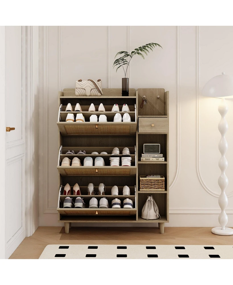 Natural Bohemia Style Shoe Cabinet, Shoe Rack Cabinet with 3 Rattan Flip Drawers,3 Square Shelves and 1 Storage Drawer, Shoe Organizer with Mulit Stor
