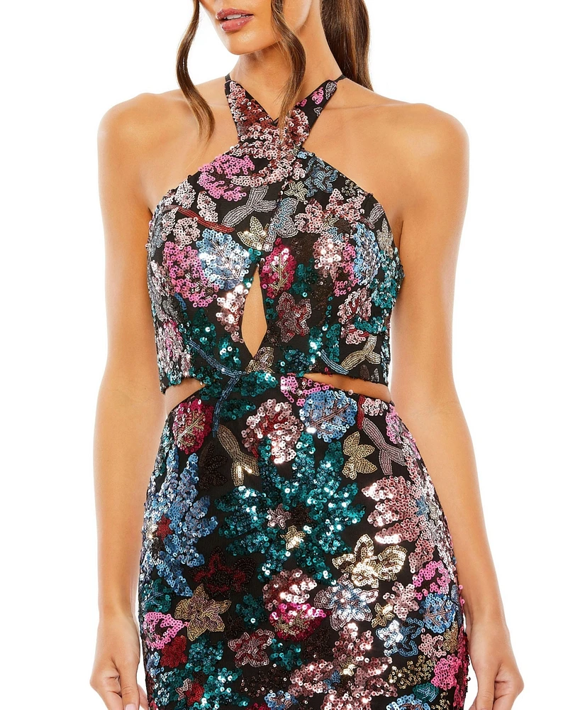Mac Duggal Women's Sequin Embellished Cross Neck Gown