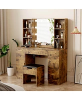 gaomon Led Lighted Vanity Desk With Mirror - Makeup Adjustable Brightness, Metal Drawers, And Open Shelves