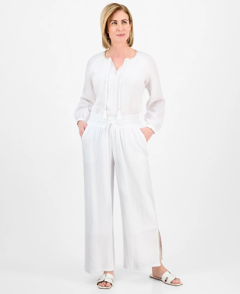 Jm Collection Petite Gauze Split-Hem Wide-Leg Pants, Exclusively at Macy's