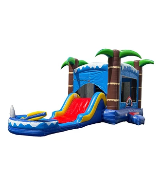 HeroKiddo Ocean Shark Commercial Grade Inflatable Bounce House Water Slide Combo with Attached Splash Pool (No Blower Included)