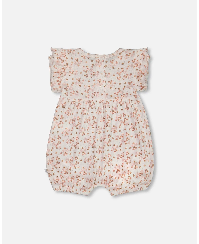 Deux par Baby Girls Cotton Pointelle Romper With Frills Printed White And Pink Flowers