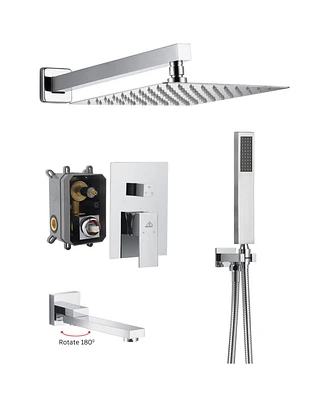 3-Function Shower System Rain System Wall-Mounted Shower Head with Handheld Shower Sprayer Shower System with Bathtub Spout, Brushed Nickel
