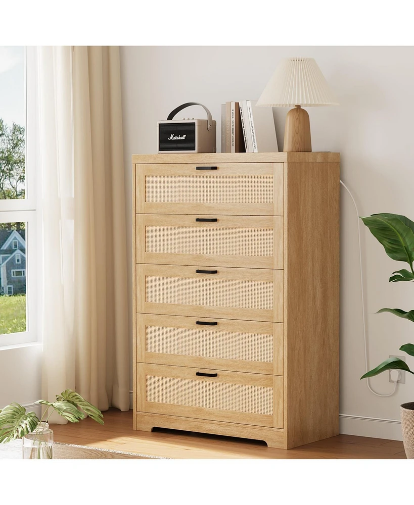 5 Drawer Rattan Dresser for Bedroom, 47.27” Tall Dresser with Power Outlets, Wood Dresser Chest of Drawers with Metal Handles for Living Room C