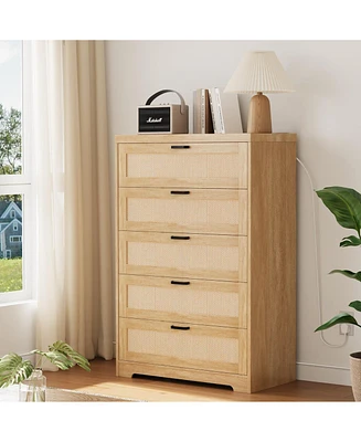 5 Drawer Rattan Dresser for Bedroom, 47.27” Tall Dresser with Power Outlets, Wood Dresser Chest of Drawers with Metal Handles for Living Room C