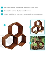 Indoor/Outdoor Heavy-Duty Steel Hexagon Honeycomb Fire Pit or Fireplace Firewood Log Rack Holder - 30" - Oxidized Rust Finish