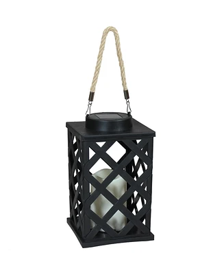 Outdoor Modern Crosshatch Hanging Tabletop Solar Led Rustic Farmhouse Decorative Candle Lantern - 9"