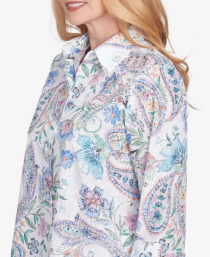 Alfred Dunner Women's Classic Paisley Button Down Cuffed Sleeve Top