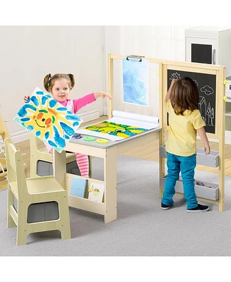 gaomon Wooden Easel for Kids, Kids Art Table and 2 Chairs,Art Center with Double-Sided Blackboard & Whiteboard