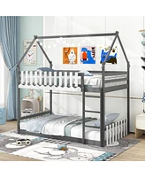 Twin Over Twin Bunk Bed with Fence and Ladder for Kids